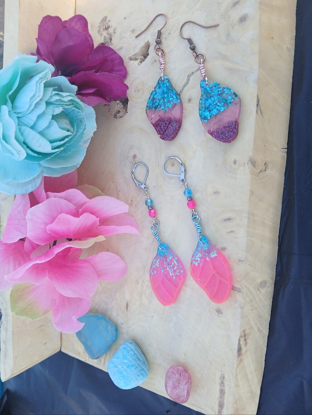 Purple,Pink & Turquoise; Hot Pink And Neon Blue Resin Butterfly Wing Earrings
